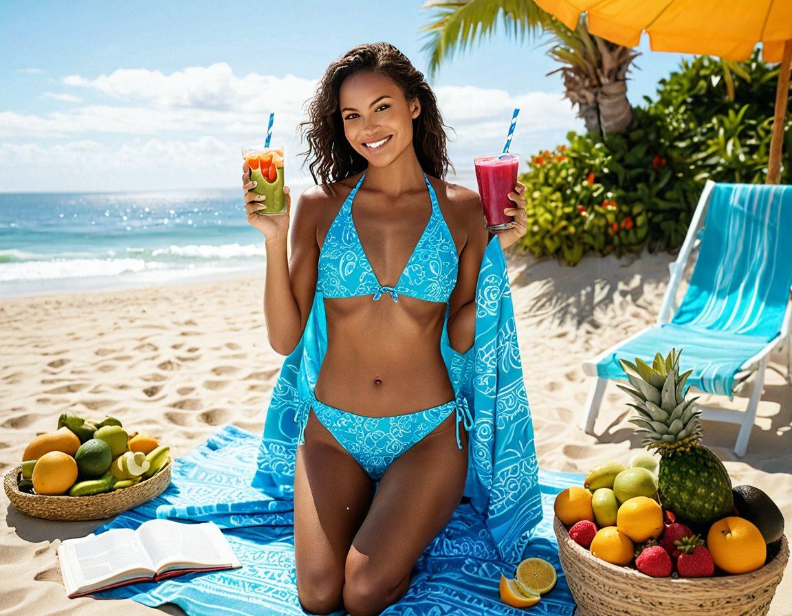 A vibrant beach scene featuring a fit, confident woman in a stylish bikini, holding a refreshing smoothie made with IBS-friendly ingredients. Surround her with colorful fruits and vegetables that promote digestive wellness, while a sunny sky and calm ocean waves create an uplifting atmosphere. Include a subtle beach towel and a wellness book in the background for added context. super-realistic. bright colors. cheerful beach setting.