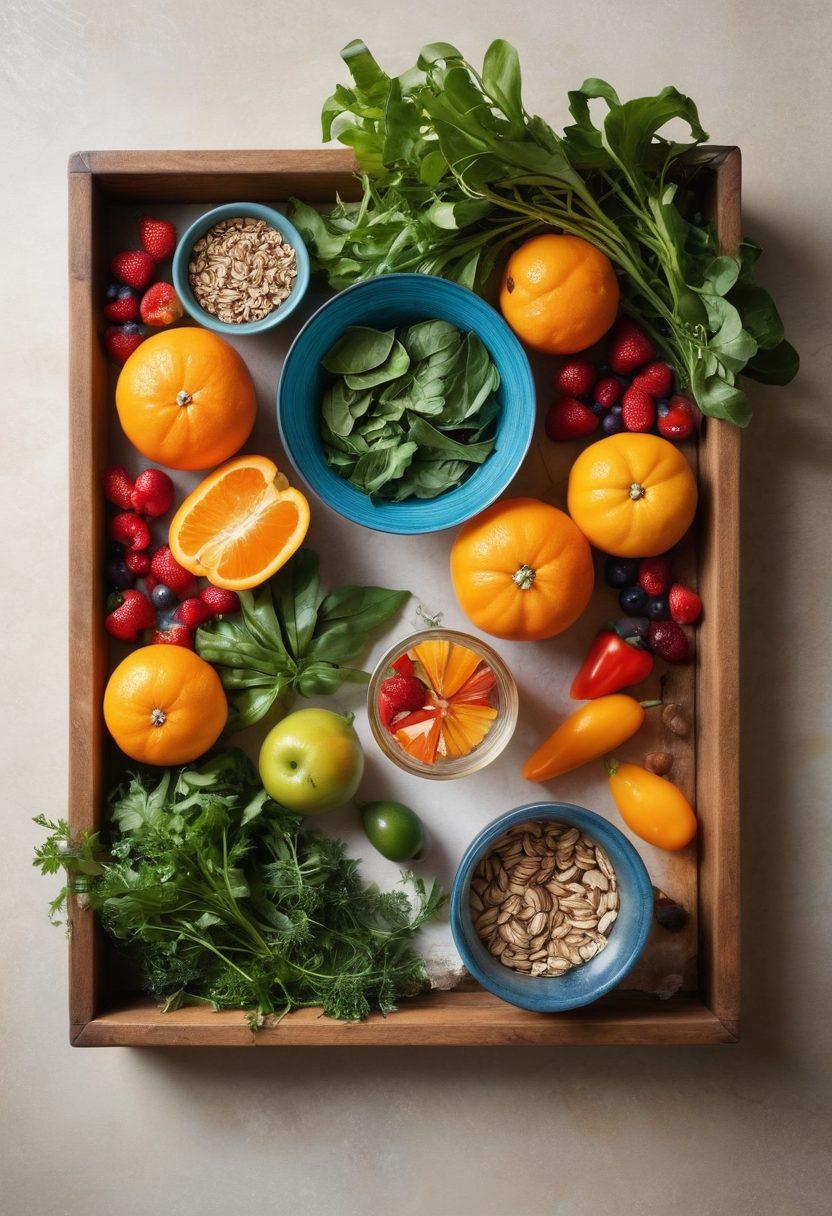 A vibrant, colorful flat lay of fresh, healthy ingredients including fruits, vegetables, nuts, and seeds, arranged around an open recipe book with handwritten notes. In the background, a warm, inviting kitchen setting with sunlight filtering through a window. Include a glass of infused water and a mortar and pestle to evoke a sense of wellness. super-realistic. vibrant colors. warm lighting.