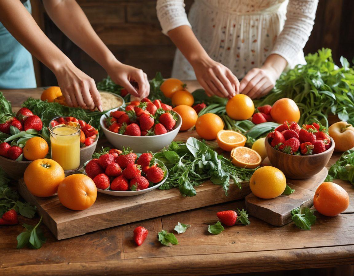 A colorful, inviting spread of healthy foods including vibrant fruits, fresh vegetables, and whole grains, arranged on a rustic wooden table. In the background, a woman smiles as she prepares a nutritious meal, embodying joy and positivity. The atmosphere should feel warm and encouraging, inviting readers to explore healthy eating. Soft natural lighting enhances the freshness of the ingredients. super-realistic. vibrant colors. soft lighting.